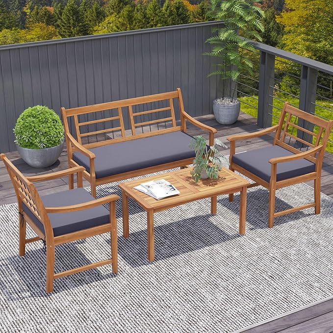 Tangkula 4 Piece Wood Patio Furniture Set, Outdoor Conversation Set w/Soft Seat Cushions, Solid Acacia Wood Frame, 2 Armchairs, Loveseat & Coffee Table Set for Backyard, Porch, Poolside