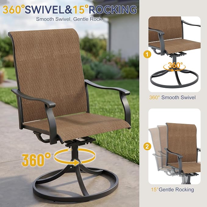 Anmutig 5 Piece Outdoor Patio Dining Set, 4 Swivel Rocking Patio Chairs & Square Dining Table Outdoor Furniture for Backyard Bistro Garden Poolside, Brown