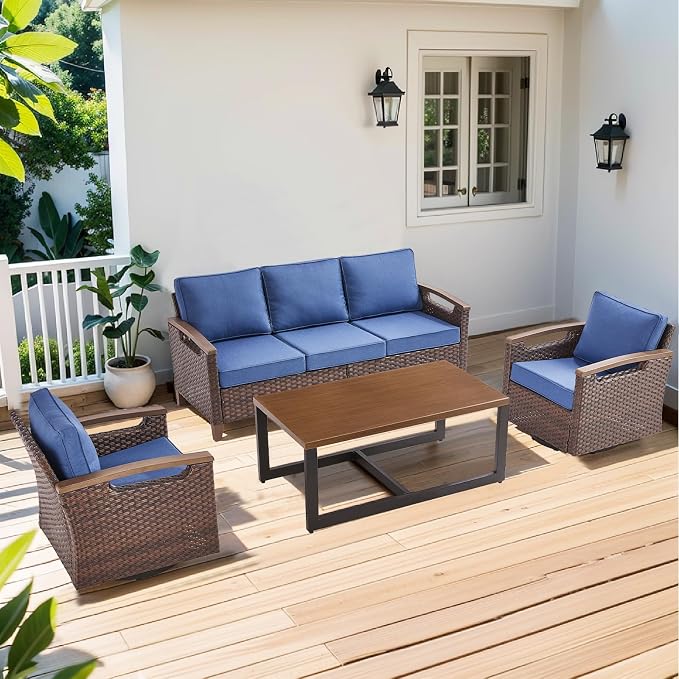 Rilyson Wicker Outdoor Patio Furniture Set of 6, 6 Piece Patio Conversation Sets with 2 Chairs, Sofa and Coffee Table, Thick Cushions, Waterproof Wicker, for Porch Deck Brown/Blue
