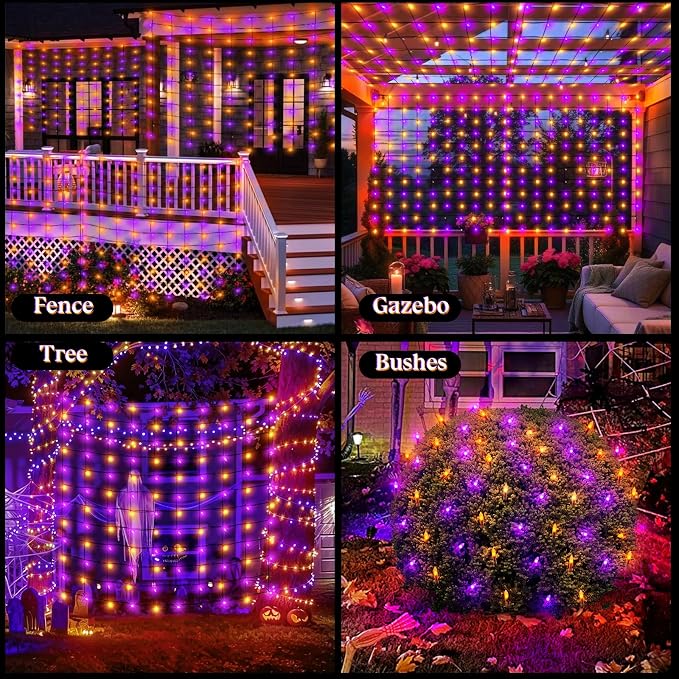 120LED Halloween Net Lights Outdoor, 5ft x 6ft Connectable Mesh Lights, 8 Modes 3.5V Low Voltage Waterproof Bush Lights for Trees, Bushes, Wedding, Party Decor (Orange/Purple, 1Pack)