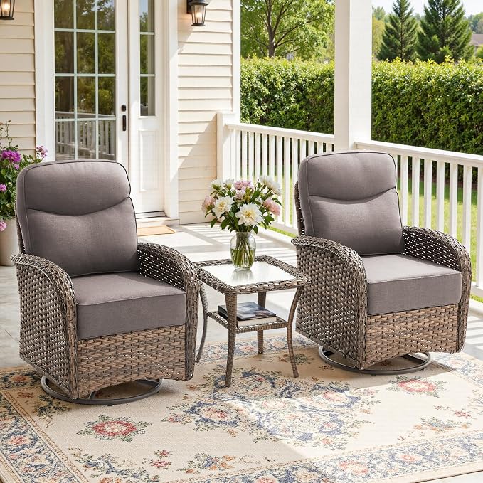 3-Piece Luxury Patio Conversation Set with 6-Inch Thick Cushions, High-Back Outdoor Swivel Rocking Chairs & Side Table, All-Weather Furniture Set for Porch, Deck, Balcony or Backyard – Gray