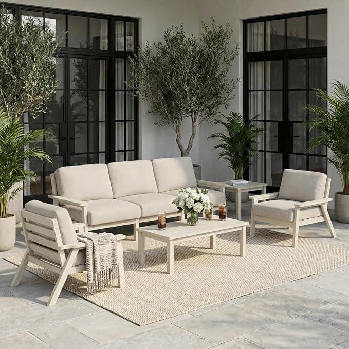 7 Piece HDPE Outdoor Furniture Set with Beige Cushions (White Frame) | All-Weather HDPE, Modular Design, Extra-Deep Seating, Thick Cushions, Ideal for Backyard, Deck & Porch