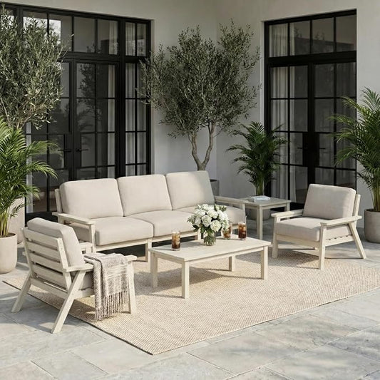 7 Piece HDPE Outdoor Furniture Set with Beige Cushions (White Frame) | All-Weather HDPE, Modular Design, Extra-Deep Seating, Thick Cushions, Ideal for Backyard, Deck & Porch