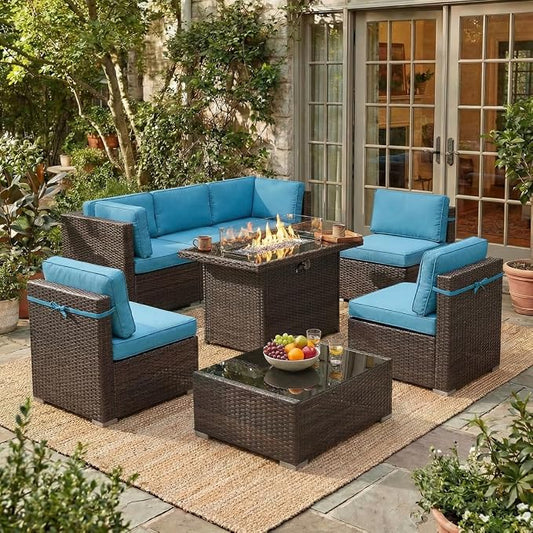 LayinSun 8 Pieces Outdoor Patio Furniture Set with 44" Fire Pit Table Rattan Sectional Sofa Conversation Sets