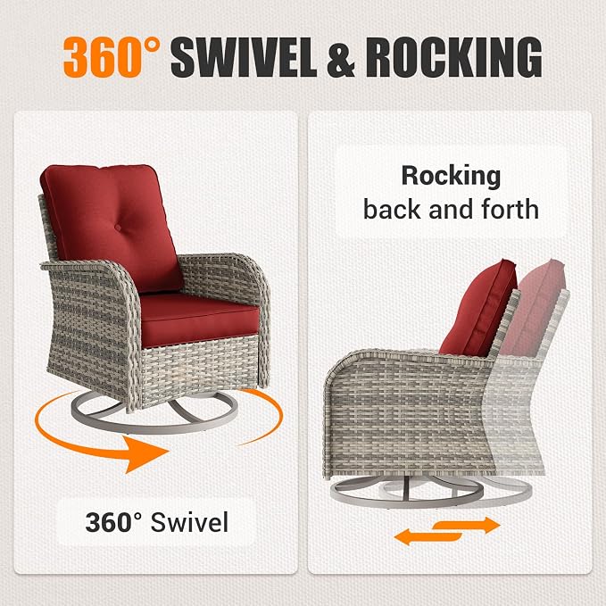 10Pcs Patio Rocking Swivel Chair with 55,000 BTU Fire Pit Table Outdoor Wicker Rattan Bistro Set with Tempered Glass Side Table, Outdoor Patio Furniture Set for Garden and Balcony, Red