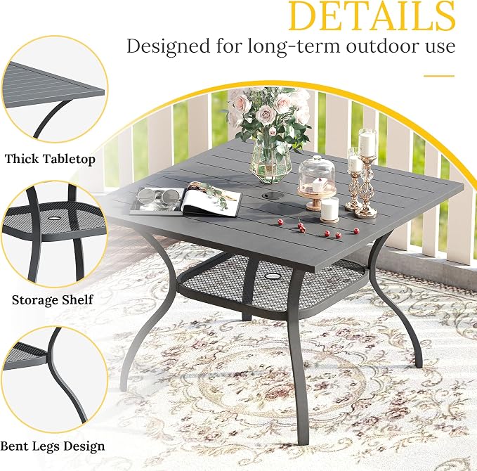 VICLLAX 37.8" Square Outdoor Patio Table, All Weather Metal Outdoor Dining Table for Lawn Garden, Grey