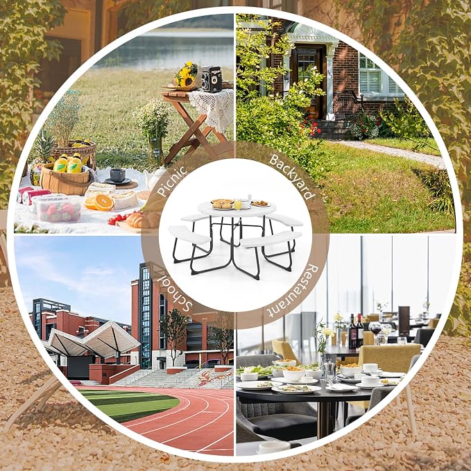 Moccha Picnic Table Bench Set - Outdoor Table and Chairs with Umbrella Hole, HDPE Tabletop & Metal Frame, Dining Table Set, Outdoor Camping Table for Garden Backyard Porch Patio Table Set (White)