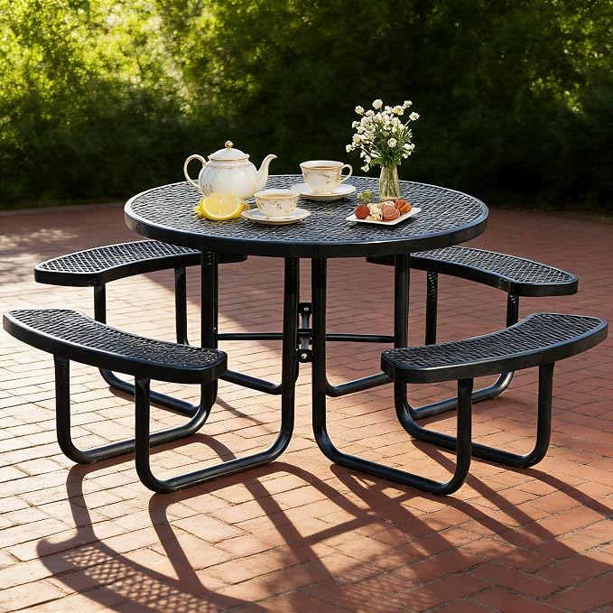46" Round Picnic Tables for Outdoors,Commercial Metal Picnic Table Bench Set W/ Umbrella Hole,Restaurant School Canteen Tables W/Seats - Heavy Duty Sturdy Picnic Tables for Patio Garden Coffee Shop