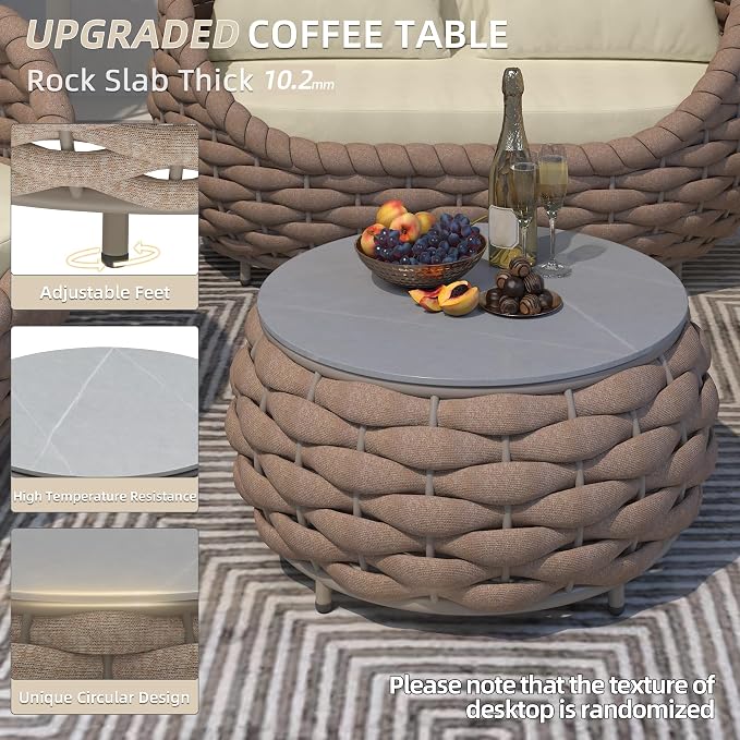 TWT Outdoor Patio Furniture Set-5 Pieces Aluminum Sectional Sofa, Metal Patio Conversation Set with Loveseat & Armchair, Textile Rope and Coffee Table, Light Brown