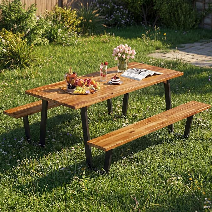Giantex 71" Picnic Table Bench Set for 6-8, Acacia Wood Outdoor Dining Table Set, 2" Umbrella Hole, Heavy Duty Metal Frame, Footrest Bar, Large Rectangular Tabletop for Porch Patio Lawn Garden
