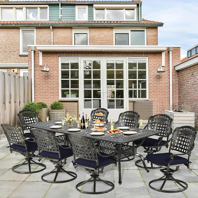 9-Piece Patio Cast Aluminum Dining Set, Outdoor Dining Furniture Set for 8 Person, Includes 94.5" Rectangular Dining Table and 8 Swivel Chairs with Umbrella Hole, Navy Blue
