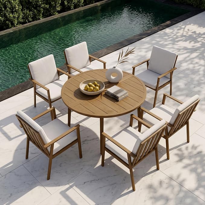 7-Piece Round Outdoor Dining Table Set, 51" All-Aluminum Round Outdoor Table with 6 Chairs, Rust-Resistant Faux Wood Grain Patio Table with Umbrella Hole for Garden, Backyard, Poolside, Teak
