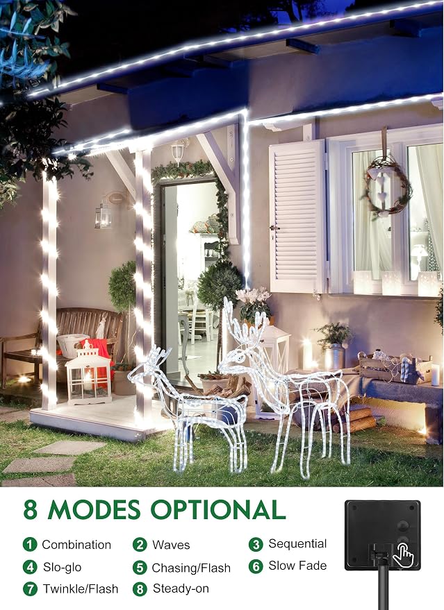 Brightown 39FT 100LED Solar Rope Lights Outdoor Waterproof, Pure White | IP65 Solar Powered Fairy Lights with 8 Lighting Modes, Outdoor String Lights for Party Garden Yard Holiday Tree Decoration