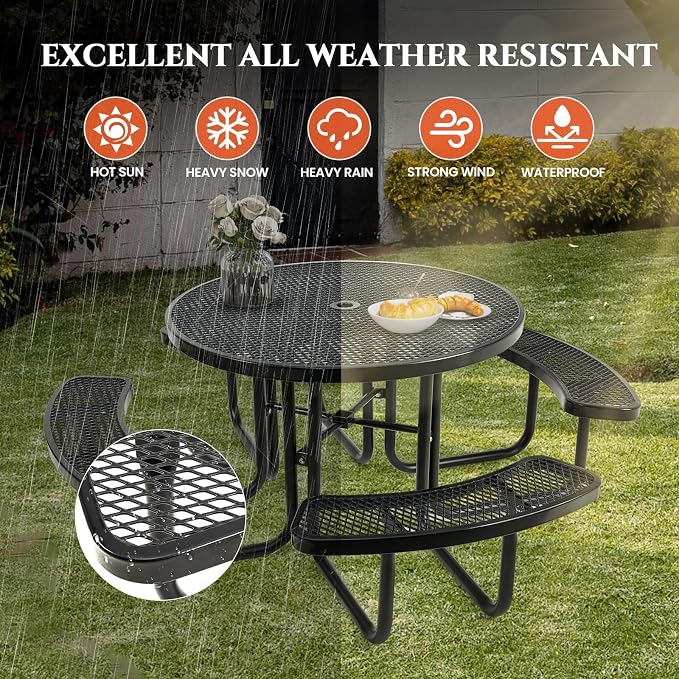 Ceridwen Heavy Duty Picnic Table with 4 Benches, Expanded Metal Steel Mesh Outdoor Patio Dining Table Bench Set with Umbrella Hole,Outdoor Patio Dining Table for Garden (Round, Black, 46FT)