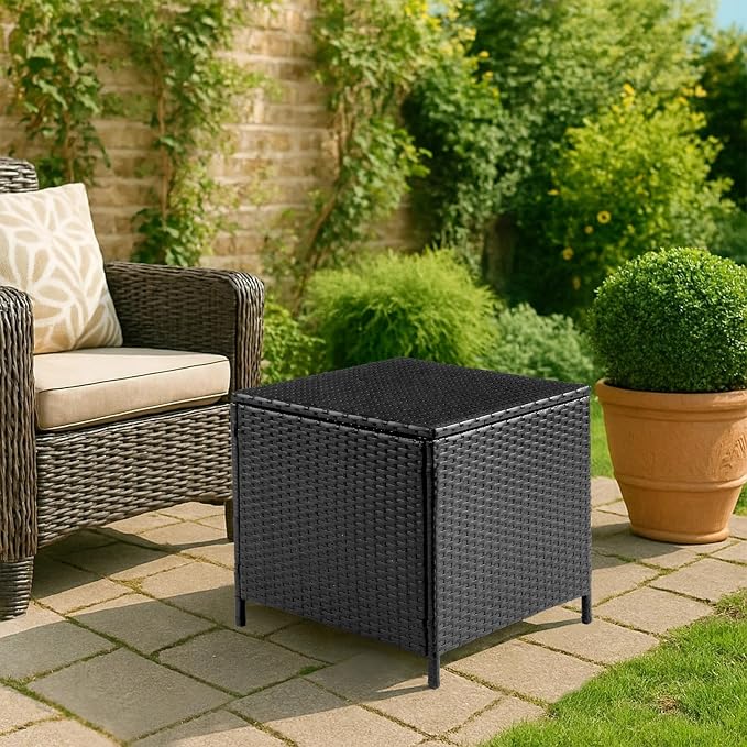 HOMSUPPLIE'S 27 Gallon Outdoor Side Table with Storage Space, Waterproof Wicker Patio Deck Box, Rattan End Table with Hidden Storage for Pool Towels, Toys & Garden Tools(Black,Square)