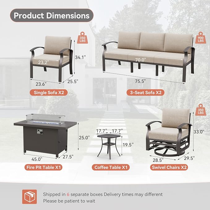 Kurapika Aluminum Patio Furniture Set 10-Seat Modern Metal Outdoor Conversation Sets w/45in Propane Fire Pit Table, Swivel Rocking Chairs Patio Sectional Sofa w/5.1 Inch Cushion, Sand