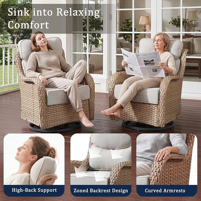 Luxury High Back Outdoor Furniture 6-Inch Thick Cushions with 50,000 BTU Gas Propane Fire Pit Tablet, Patio Furniture Set with Swivel Chairs, 8 PCS for Porch, Balcony, Deck and Yard