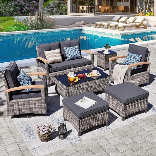 MEISSALIVVE 7 Pieces Patio Furniture Sets,PE Wicker Outdoor Conversation Sets with 2 Wood Armrests Swivel Rocker Chairs, 2 Ottoman, 2-seat Sofa and Coffee Table(Grey)