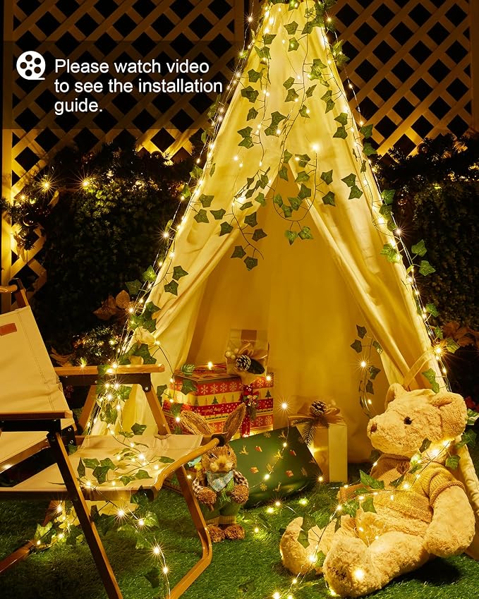Solar String Lights, 2 Packs Total 66Ft 200 LED Fairy Lights with Ivy | Twinkle Solar Powered Outdoor Lights Plant Vine for Camping Outside Garden Yard Fence Wall Wedding Christmas Warm White