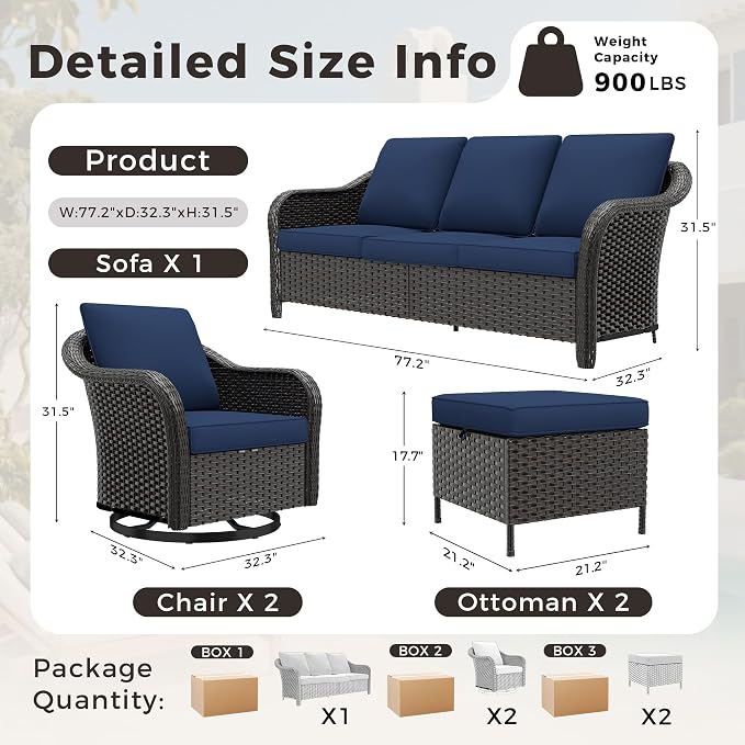 5 PCS Outdoor Conversation Set | 78" Couch, 2 Swivel Chairs, 2 Ottomans, Patio Wicker Conversation Furniture with Removable Cushions for Bistro, Deck, Sunroom (Navy Blue)