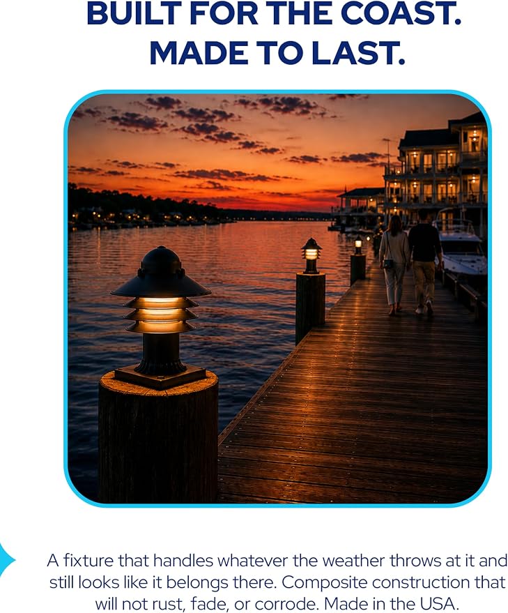 Nautical Pier Mount Outdoor Lighting - Salt-Air Tough Rust-Proof Non-Metallic Coastal Lamps - UL Listed Dock Lights - Patio Fence Deck Porch Lights Outdoor - USA Made, Short, Decorated, Black | Anti-Rust Outdoor Coastal Fixture for Pathways & Walkways,...