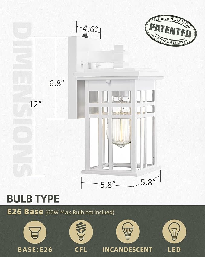 Dusk to Dawn Sensor Outdoor Wall Sconce - HWH Exterior Wall Lantern Light Fixture for Porch, Garage, Doorway, Garden, Glossy White Finish, 5HD27B-PC WH