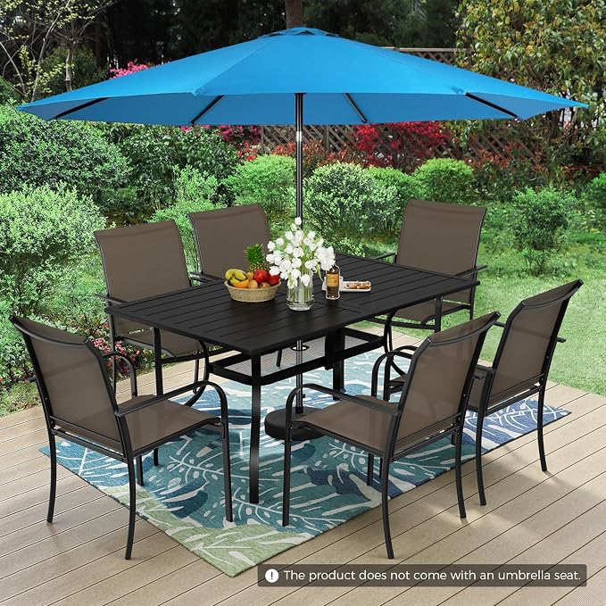 Incbruce 8 Pieces Patio Dining Set with Sky Blue Umbrella, Outdoor Dining Set of 6 Textilene Chairs and Rectangle Table with Umbrella Hole for Backyard, Garden, and Poolside (Brown)