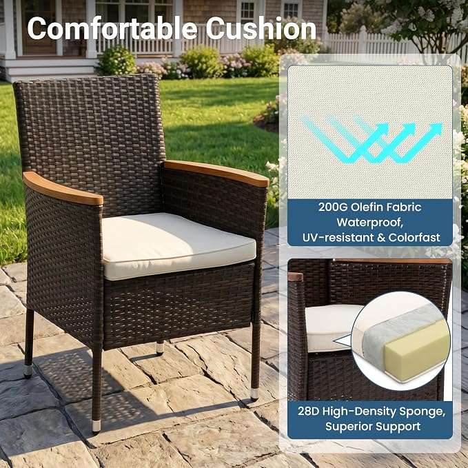 Wisteria Lane 5-Pieces Patio Dining Sets, Rattan Outdoor Table and Chairs with Acacia Wood Tabletop, Metal Patio Dining Furniture for 4 with Removable Cushions for Garden Backyard Deck, Brown
