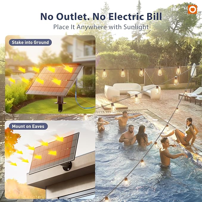 addlon 150FT(144+6) Solar String Lights Outdoor with Remote, Long-Lasting | Waterproof Patio Lights, Dimmable & Timable Hanging Solar Light with 45 LED Bulbs for Outside, Yard, Garden, Camping, Gazebo
