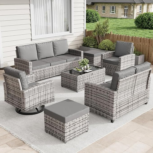 7-Piece Outdoor Patio Furniture Set with Wicker Rattan Sectional Sofa, Swivel Chairs, Ottomans, Coffee Table and Comfy Cushions, All-Weather Conversation Set for Balcony, Deck, Garden, Backyard Lounge
