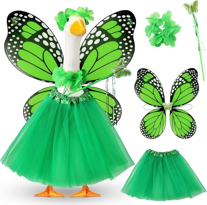 5pcs Butterfly Porch Goose Outfit Costume Tutu Skirt Butterfly Wing Wand Flower Crown for 17‘' 23‘' Cement Goose