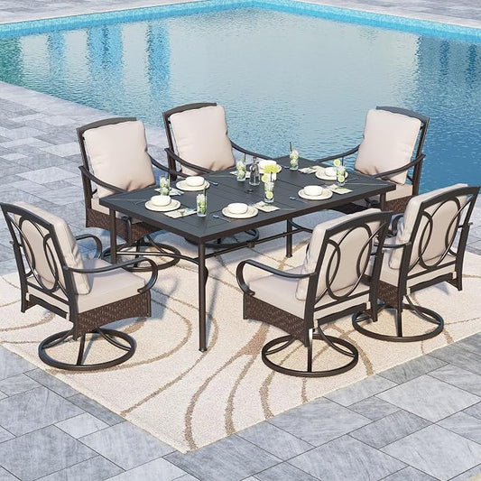Sophia & William Patio Dining Set 7 Piece Outdoor Table Furniture Set - 6 Padded Outdoor Swivel Dining Chairs and 64" X 39" Rectangular Metal Table with Umbrella Hole for Garden Deck
