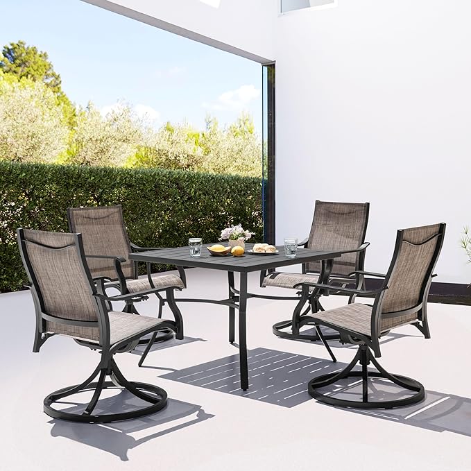 NUU GARDEN 5 Piece Outdoor Dining Set, Aluminum Patio Dining Table with 1.97" Umbrella Hole and 4 Textilene Swivel Chairs, Weather-Resistant Patio Furniture for Garden Backyard, Brown and Black