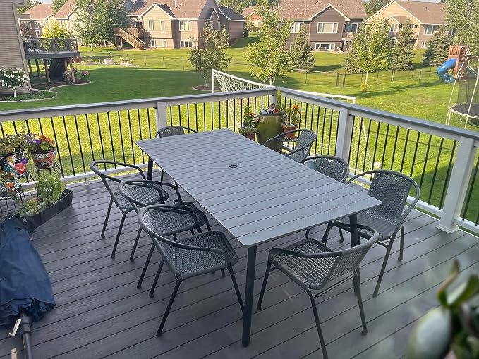 95" Patio Outdoor Dining Table for 8-10, Weather-Resistant Aluminum Frame with Wood-Grain Top & Umbrella Hole for Deck Gatherings, Grey