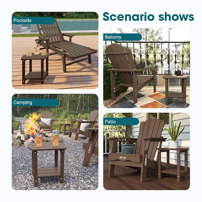 THOEOE Adirondack Outdoor Side Table, 2-Tier Sturdy Patio End Table Weather Resistant, Morden Side Table for Patio, Pool, Porch, Brown