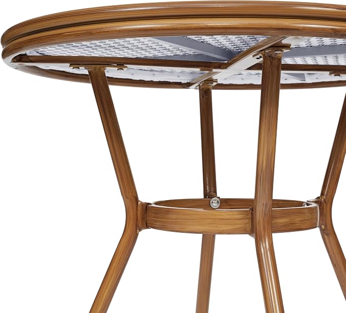 Flash Furniture Lourdes Indoor/Outdoor Commercial Bistro Table - Tempered Glass Top - PE Rattan - Natural Bamboo Print Aluminum Frame - 31.5" - White/Gray
