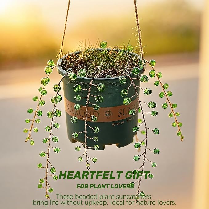 6 Pcs Crystal Beaded Suncatchers Artificial Green Plants Hanging Wind Chime | Beaded Glass Plant Suncatcher with Chain for Window Indoor Outdoor Potted Plants Decorations Plant Lover Gift