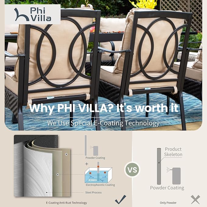 PHI VILLA 9 PCS Outdoor Dining Sets, 57.5" All-Weather Patio Table and Chairs Set for 8, Heavy Duty Patio Table Set Square for Deck, 8 Extra Large Outdoor Stationary Dining Chairs with Thick Cushions