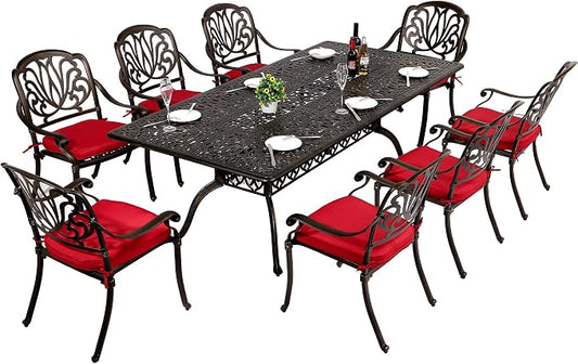 TITIMO 9-Piece Cast Aluminum Patio Furniture Set, Outdoor Patio Dining Set Bistro Conversation Set, All-Weather Rectangular Table w/Umbrella Hole (Red-Fixed Elizabeth Chair, 9 Pcs)