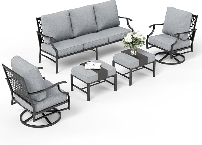SUNSHINE VALLEY 5 Piece Metal Outdoor Patio Furniture Sets, Patio Conversation Sets 1 3-Seater Sofa, 2 Swivel Chairs, 2 Ottomans with 5.75" Thick Cushion, Black All-Weather Backyard Furniture, Gray