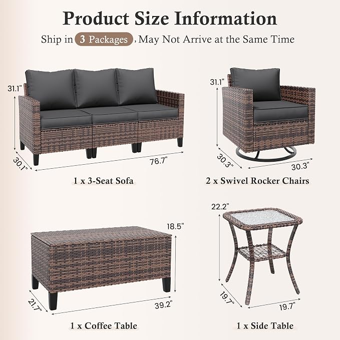 Amopatio Patio Furniture Set, Wicker Outdoor Sectional Sofa with Swivel Rocker Chairs, All-Weather Rattan Conversation Set, Storage Coffee Table, Waterproof Cover for Backyard, Deck Brown/Grey 5 PCS