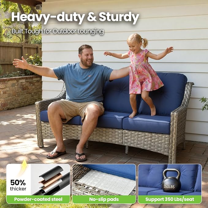 6 Piece Patio Furniture Set with Swivel Rocker Chairs, Outdoor Wicker High Back Sofa Glider Chair Ottoman with Cushion, All Weather Conversation Sets for Backyard Poolside Deck, Navy Blue