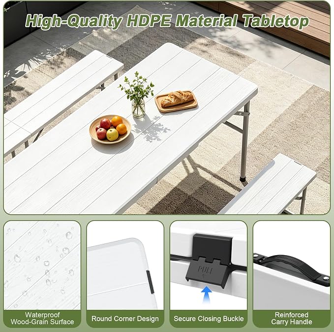 Picnic Table and Chairs Set, 6 Feet Foldable Camping Table with 2 Benches, 3-Piece Portable Folding Furniture with Wood Grain for Patio, Weddings, Party or School Use, White