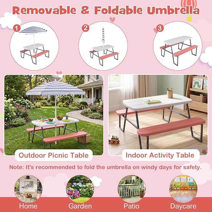 KOTEK Kids Picnic Table with Umbrella, Toddler Outdoor Table and Bench Set, Easy to Clean, HDPE Top & Metal Frame, 660LBS Capacity, Kids Patio Furniture for Backyard Park Garden
