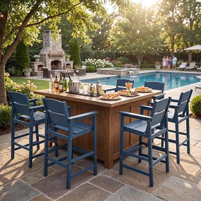 HDPE Outdoor Bar Height Chairs Set of 6, 28.5" Seat All-Weather High Top Patio Stools with Backrest, Heavy Duty Commercial Grade Deck Seating for Backyard Party/Pool/Balcony, Wood Texture Blue