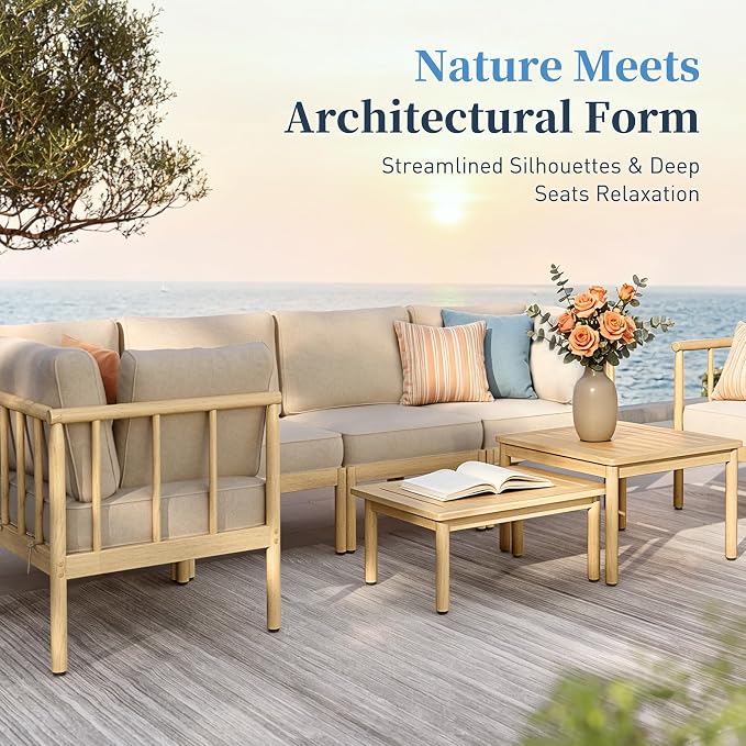 SUNSHINE VALLEY Patio Furniture,Acacia Wood Outdoor Sectional Sofa with 5.5" Ultra-Thick Cushions, L Shaped Modular Patio Conversation Set,Lawn Garden Backyard Couch Set with Nesting Tables,Beige