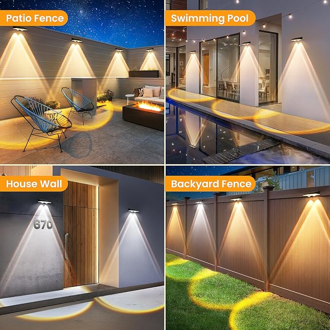 Solar Fence Lights Outdoor, 16 Pack, 3 Color Modes, IP65 Waterproof | Warm/Neutral/Cool White Fence Lights Solar Powered for Outside, Deck Lighting for Wall, Step, Patio, Pathway, Stairs