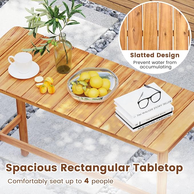 Outdoor Bar Table, 54" x 22" Acacia Wood Counter Height Table with Slatted Tabletop and Adjustable Feet, Rectangular High Top Dining Table for Patio, Yard, Balcony, Poolside