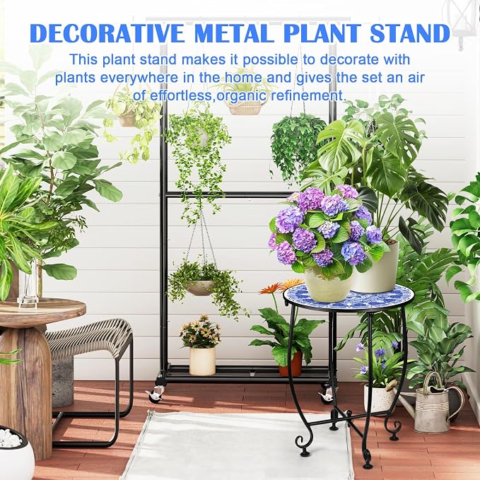 14'' Outdoor Round Side Table, Blue and White Porcelain Pattern Plant Stand,Mosaic End Table,Bistro Accent Table for Garden Yard Parch Balcony,Dark Blue