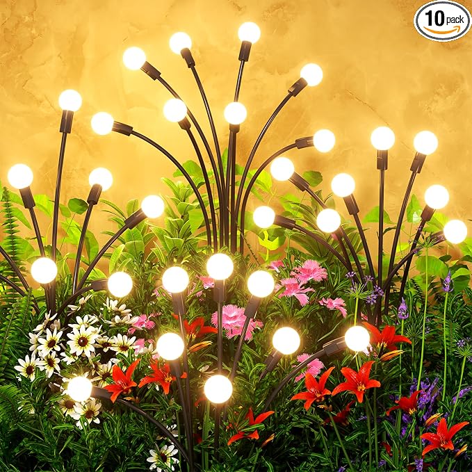 Solar Lights Outdoor(10 Pack,80 LEDs),Solar Lights Outdoor Waterproof for Garden Decor,4 Modes Firefly Light for Outdoor Decor,Big Bulb High Lumens Patio Decor,Sway by Wind,Gardening Gifts for Women